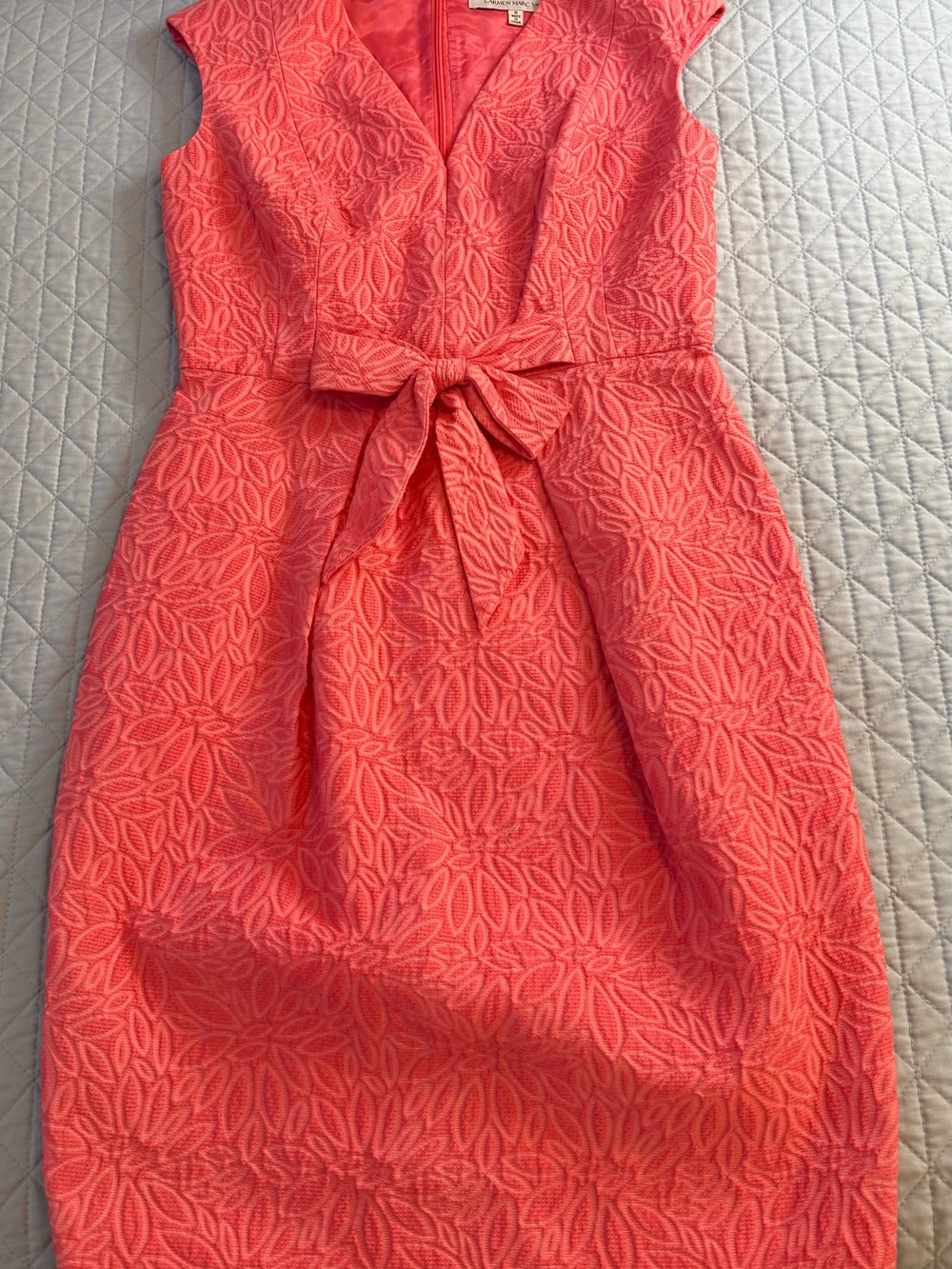Carmen Marc Valvo Coral Textured Tie-Waist Midi Dress